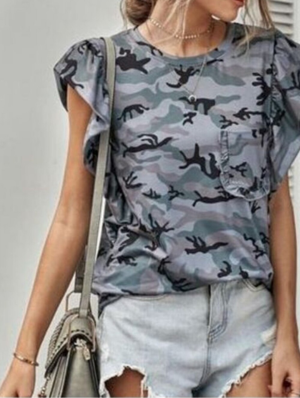 TRÏBE Gray Camouflage Print Ruffled Cap Sleeve T-shirt Top Size XL NWT